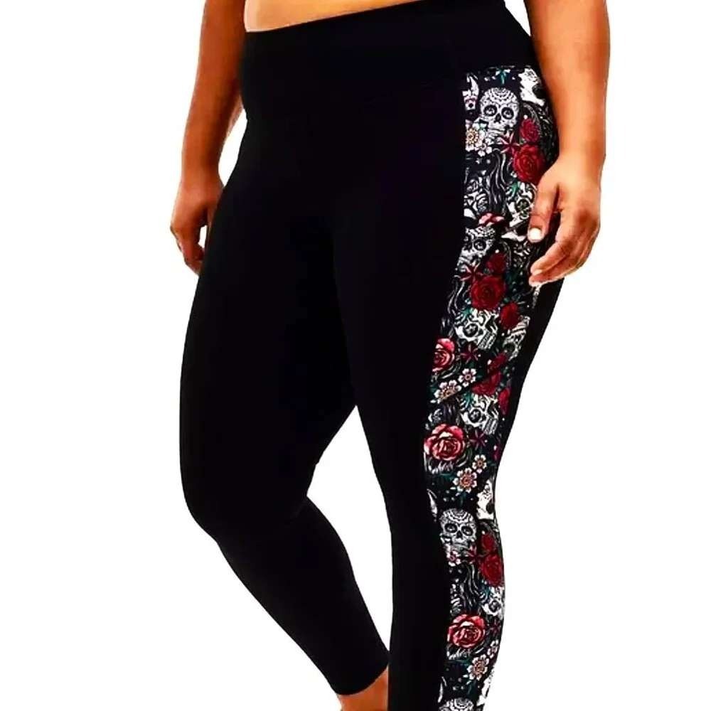 Torrid Women Leggings 2 Black Goth Sugar Skull Floral Activewear Yoga Pants